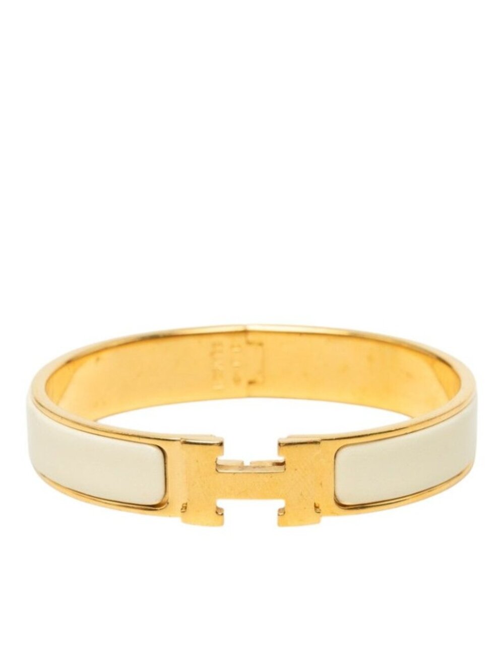 Hermes Clic H GM Enamel Bracelet Bangle Gold White Plated